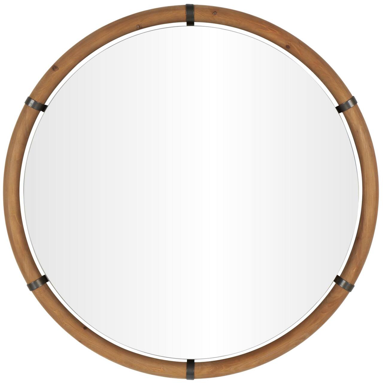 40" x 40" Brown Wood Round Design with Brass Metal Support Wall Mirror